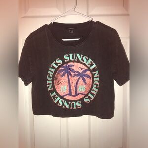 Forever 21 Black Cropped T-Shirt with Sunset Graphic